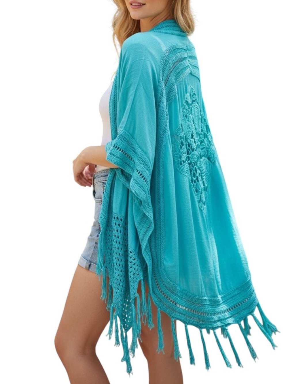 661. Women’s White Aqua Crochet Kimono Cardigan NEW